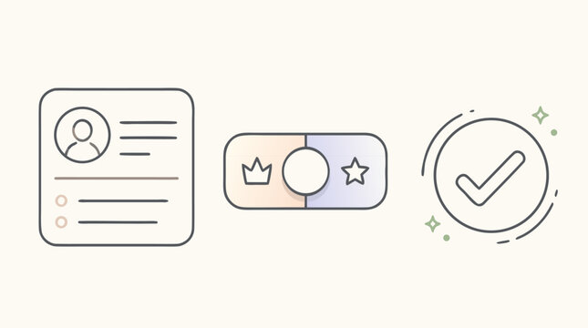 Subscription and membership editable stroke icon set with profile card, premium plan toggle, approval check mark, account form, onboarding UI symbols and soft pastel SaaS vector design elements