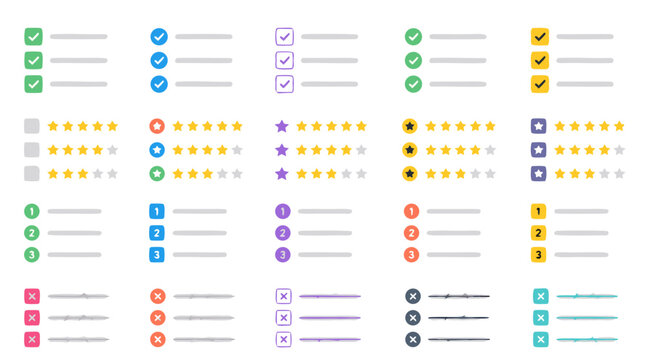 Comprehensive checklist UI icon set with tick boxes, rating stars, numbered bullets and crossed-off lines, colorful task management elements for reviews, forms and productivity vector design