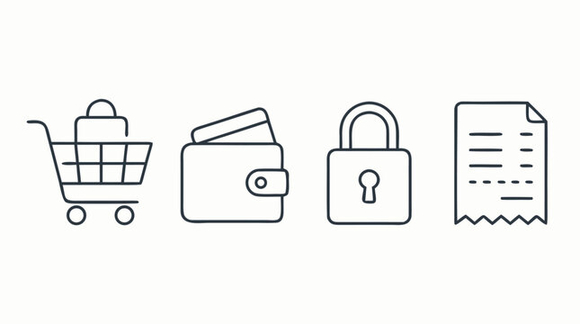 Minimal ecommerce checkout line icon set with shopping cart, digital wallet, secure padlock and receipt document for payment flow, online store interface and finance app clean vector design