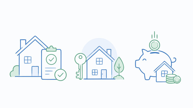 Mortgage approval and home loan thin line vector illustration set with houses, checklist, key, piggy bank, coins and savings icons for property financing and real estate lending concept