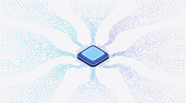 Big data streams of binary code flow into a central microprocessor, illustrating cloud analytics, AI computation, digital transformation and high speed information processing in clean blue vector