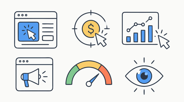 Pay per click marketing editable stroke icon set with browser ad, cursor click, budget target, analytics chart, megaphone, performance gauge and eye impression metrics in colorful vector style