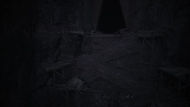 shadowed archway leading into abyss, broken steps and loose stones under cool blueblack light, strong sense of depth and looming danger for horror scenes.
