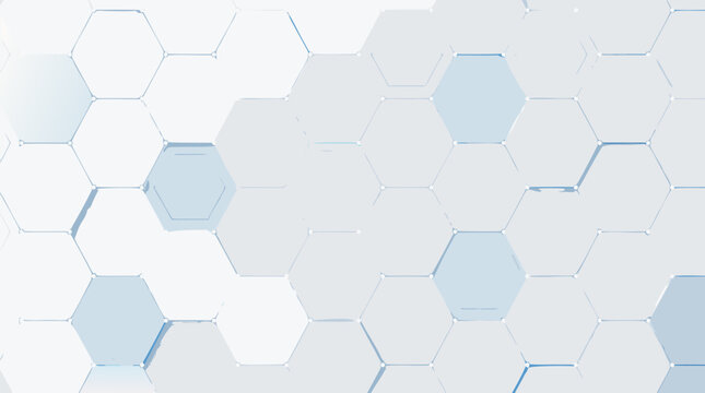 Clean geometric hexagon technology background with white honeycomb tiles, blue connection nodes and subtle glowing grid lines for futuristic medical, data or corporate vector design layout