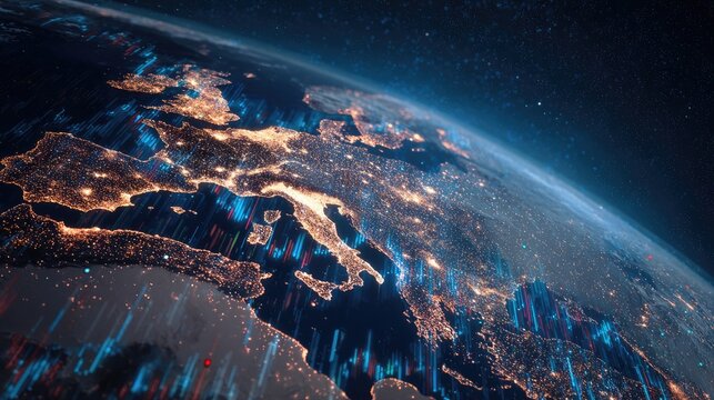 Illuminated planet Earth from space, showing city lights and data streams