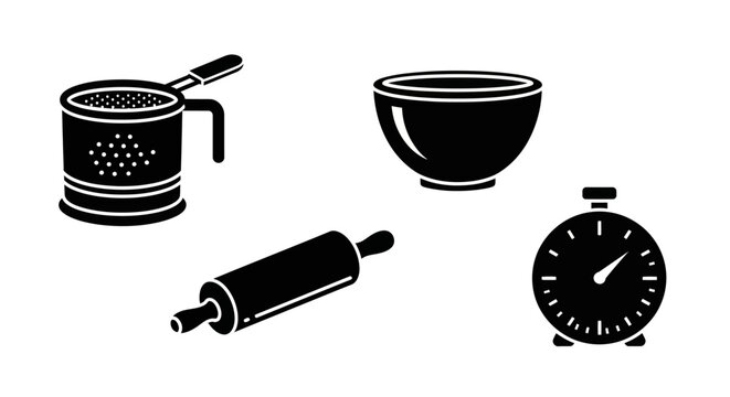 Baking Tools Icons: Rolling Pin, Sifter, Bowl, Timer - Vector Illustration