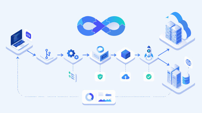 DevOps continuous integration and deployment pipeline isometric vector with infinity loop, code laptop, automation gears, cloud servers, testing, release and monitoring workflow dashboard