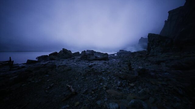 abandoned rocky shore under violet sky, distant silhouettes along horizon, scattered debris and dark cliff face, cool color grading and heavy mist create eerie