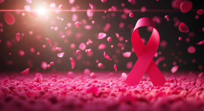 Pink ribbon symbol standing on a bed of falling rose petals in a dark atmospheric setting