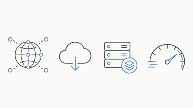 Content delivery network line icon set with global routing nodes, cloud download, edge cache servers and speed gauge for fast loading websites in clean editable stroke vector style