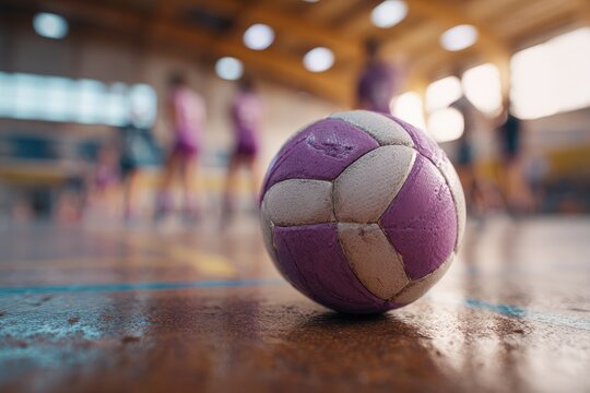 Close-up of a well-worn purple and white ball on a wooden court