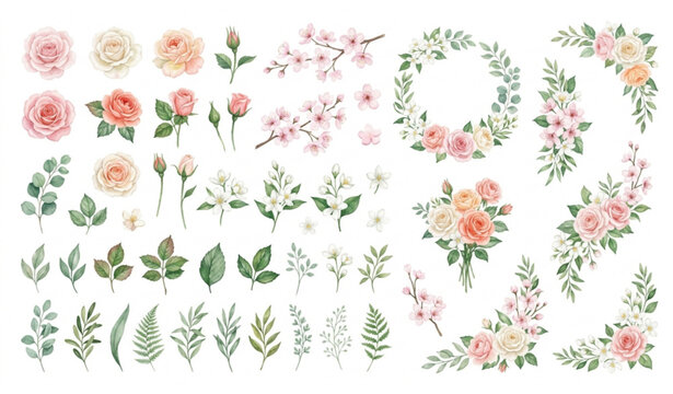 Elegant watercolor floral illustration with roses cherry blossoms jasmine and botanical art