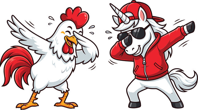 Cute Cartoon Vector Illustration of a White Rooster Chicken and Cool Unicorn in Red Hoodie Doing Dabbing Dance Pose for Sticker Designs