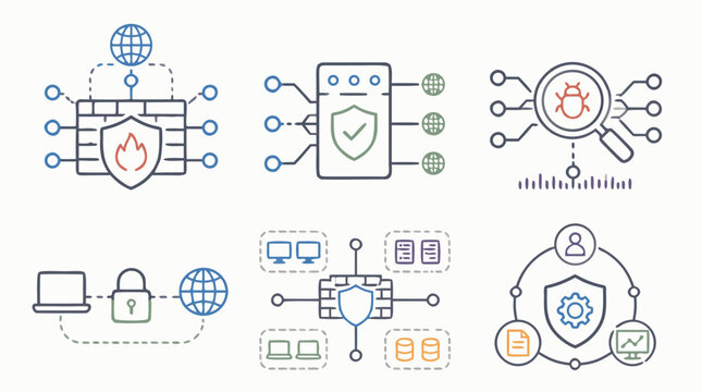 Network security layers rounded line icon set featuring firewall gateway, protected server, malware detection, VPN access, proxy routing, identity shield and monitoring controls vector