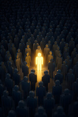 Obraz premium Single golden glowing person standing among dark figures