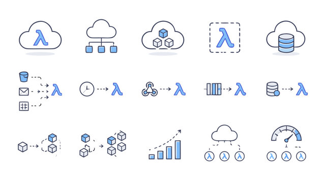 Serverless computing line icon set featuring lambda functions, event triggers, databases, storage buckets, queues, scaling charts and deployment nodes, editable vector symbols for DevOps architecture