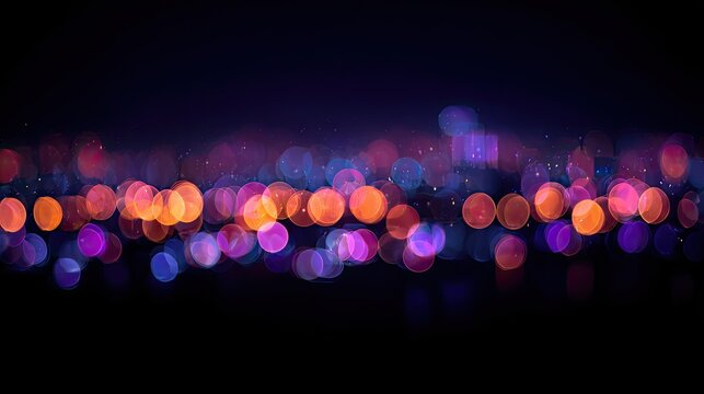 Soft, glowing orbs of purple, orange, and blue light against a dark background