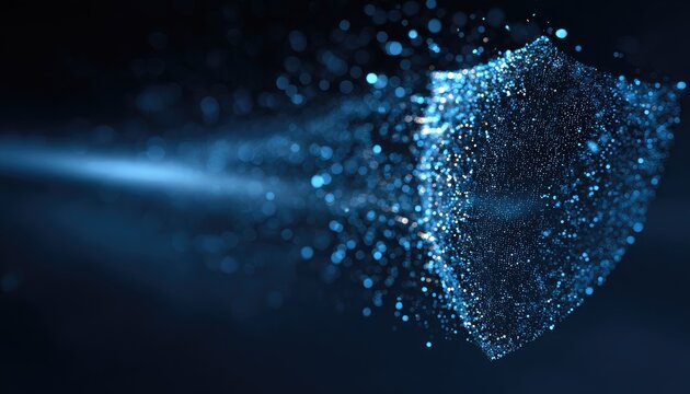 Abstract digital shield dissolving into glowing particles, blue light trails