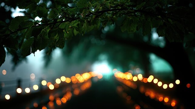 A dark, misty path illuminated by strings of warm, glowing lights