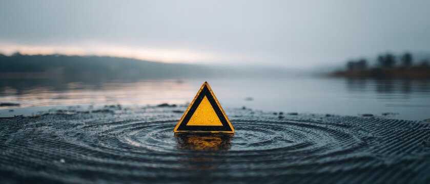 A bright yellow hazard triangle stands in rippling water