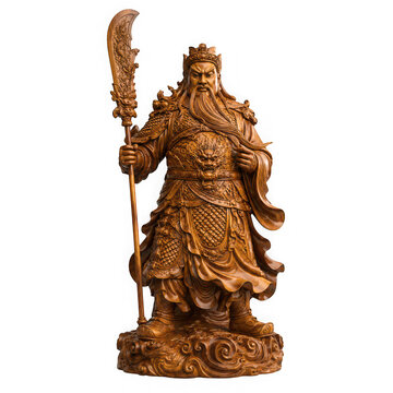 Wood carved guan yu statue with long halberd isolated on transparent background