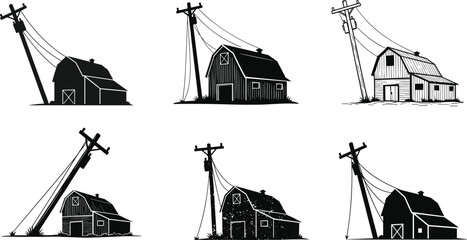 Silhouettes of rural barns with leaning utility poles and power lines representing agriculture and modern infrastructure tension © Mr Ashik02