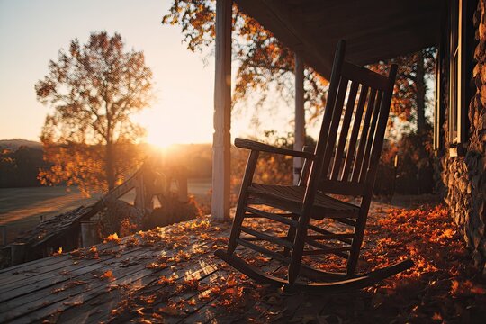 Rustic rocking chair on a leaf-strewn porch during golden hour sunset