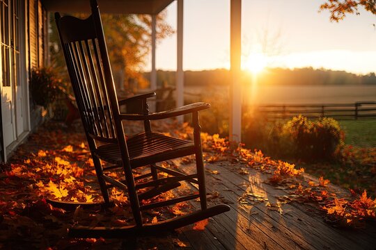Empty rocking chair on a porch covered in autumn leaves at sunset