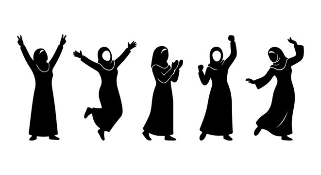 Diverse Muslim Women Silhouettes, Joyful Hijab Figures, Celebration Poses, Vector Art Collection