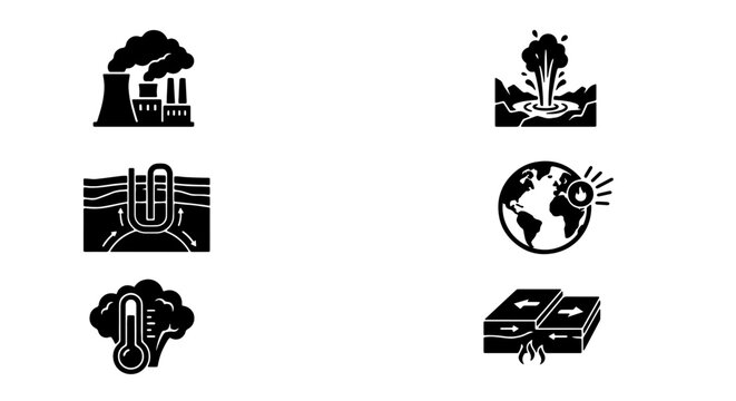 Global Warming Icons, Climate Change Symbols, Earth Heat Icons, Environmental Pollution Vector Set