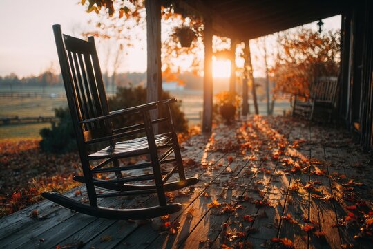 Cozy rocking chair on autumn porch, bathed in warm sunset light