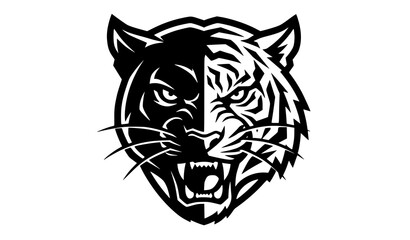 Black and White Panther and Tiger Head Logo Vector with Bold Symmetrical Wild Cat Mascot Design © Joba