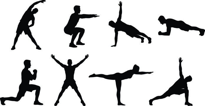 Black Silhouette Fitness and Yoga Exercise Poses Vector Icons Set