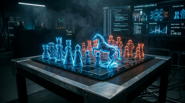 Digital chessboard with holographic pieces representing artificial intelligence strategy, prediction, and competitive decision making.