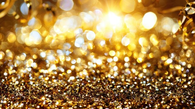 Abstract golden bokeh lights and glitter background with sun flare