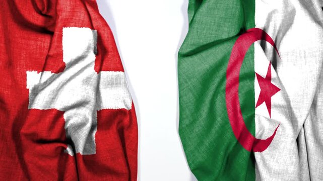 big waving national colorful flag of switzerland and national flag of algeria