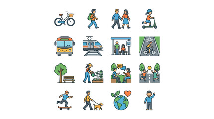 Fototapeta premium Urban Sustainable Transportation and Green Lifestyle Icons Set
