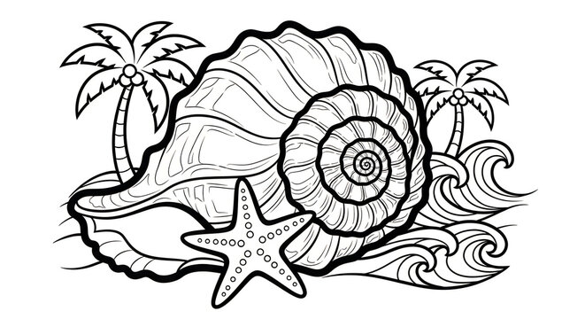 Tropical beach scene colouring page with seashell starfish and palm trees