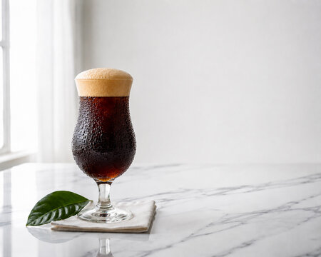 Dewy Nitro Cold Brew Coffee in Stemmed Tulip Glass with Creamy Foam on White Carrara Marble, Fresh Coffee Leaves and Linen Napkin, Bright Airy Morning Light with Copy Space