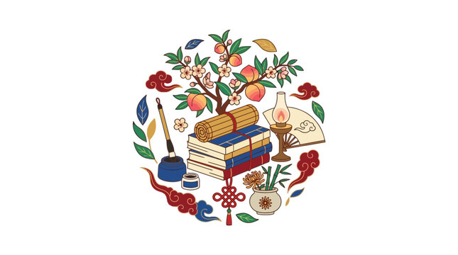 Traditional Korean Culture Illustration with Books and Peach Tree