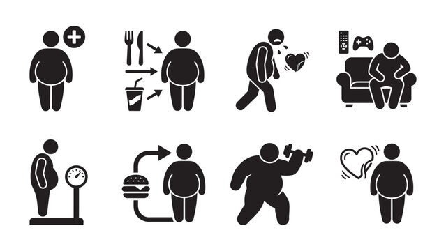Set of obesity and unhealthy lifestyle black glyph icons.