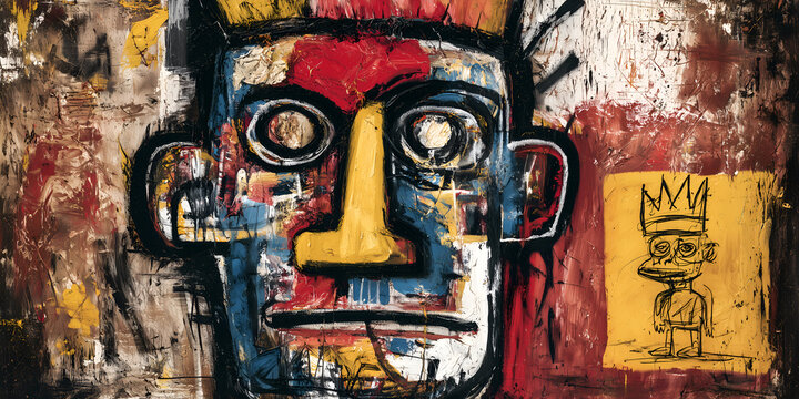 The Crowned Mask of Color: A Face Built from Noise, Nerve, and Neon Marks, ai generated.
