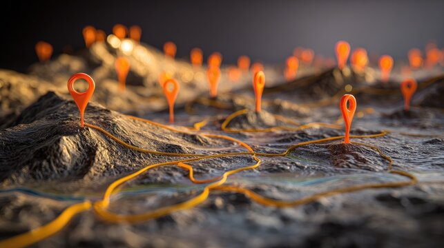 Detailed 3D map with glowing markers showing routes across rugged terrain