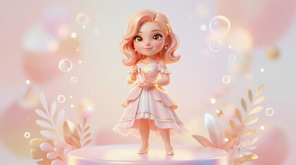 Fototapeta premium Cute animated girl with pink hair standing on a glowing platform surrounded by bubbles and soft floral decorations in pastel tones