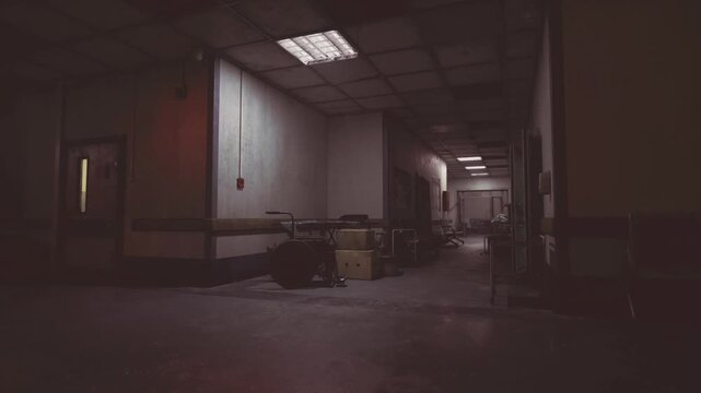 Dim hospital corridor with scattered wheelchairs and medical carts, low skylight casting long shadows, cracked tiles and peeling paint, emergency signage faded,