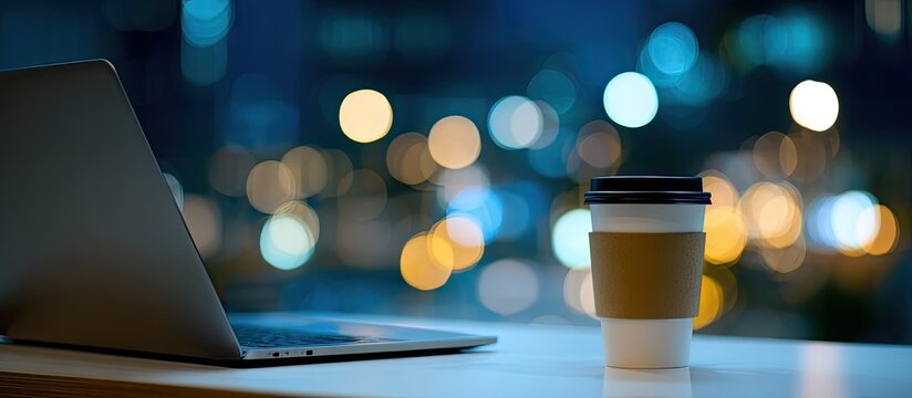 A laptop and coffee cup sit on a desk with city lights blurred in the background