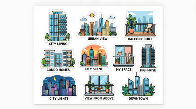 City Living Collection: A vibrant compilation of stylized illustrations depicting various aspects of urban life.