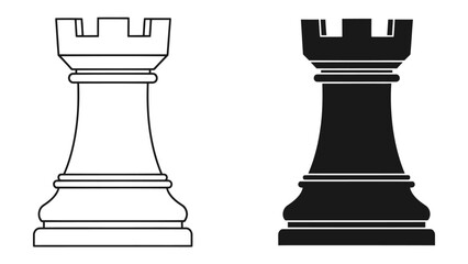 Chess Rook Comparison: Two stylized chess rook pieces, one outlined in white and the other solid black, presented side-by-side for visual contrast and conceptual representation. © Nirob