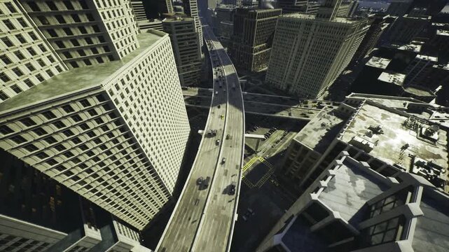 Aerial Houston curved overpass with sparse traffic and stark concrete shadows quiet urban mood with maintenance van and inspector present, emphasis