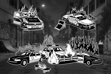 Burning Police Cars Clipart Set with Graffiti Broken Cop Cruiser and Fire Skateboard Sticker Pack © Nadezhda